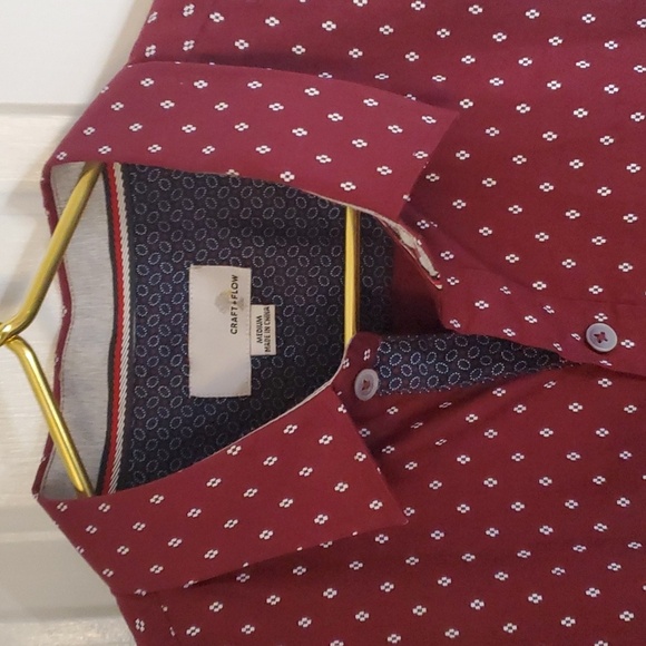 Craft +Flow Mens Button Down Collar Shirt Burgundy/White Geo Print, Design Cuff - Picture 4 of 12